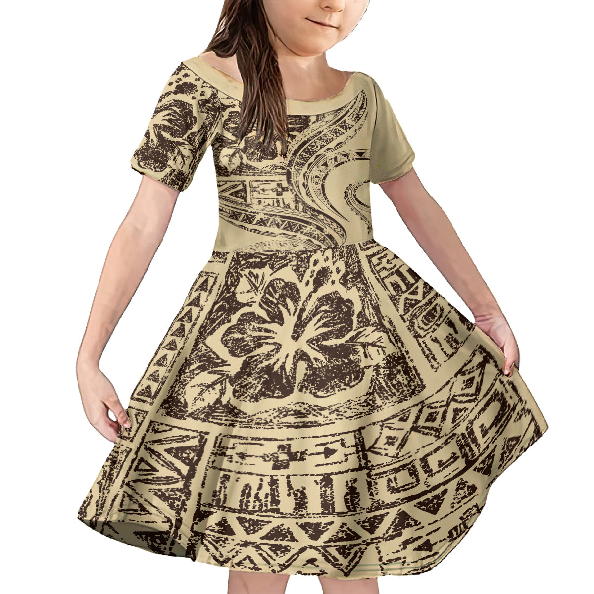 Hawaiian Hibiscus Tribal Vintage Motif Family Matching Mermaid Dress and Hawaiian Shirt Ver 3 LT9 Daughter's Dress Beige - Polynesian Pride