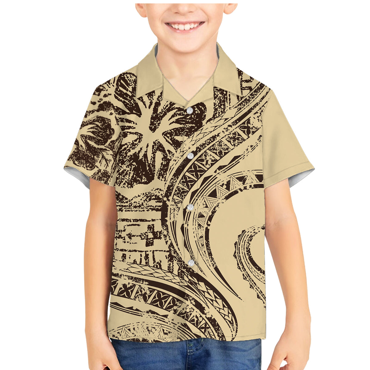 Hawaiian Hibiscus Tribal Vintage Motif Family Matching Mermaid Dress and Hawaiian Shirt Ver 3 LT9 Son's Shirt Beige - Polynesian Pride