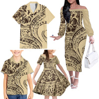 Hawaiian Hibiscus Tribal Vintage Motif Family Matching Off The Shoulder Long Sleeve Dress and Hawaiian Shirt Ver 3 LT9 - Polynesian Pride