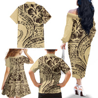 Hawaiian Hibiscus Tribal Vintage Motif Family Matching Off The Shoulder Long Sleeve Dress and Hawaiian Shirt Ver 3 LT9 - Polynesian Pride
