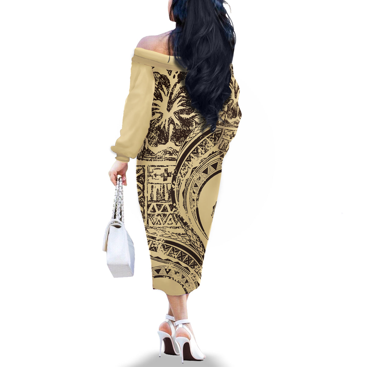 Hawaiian Hibiscus Tribal Vintage Motif Family Matching Off The Shoulder Long Sleeve Dress and Hawaiian Shirt Ver 3 LT9 - Polynesian Pride
