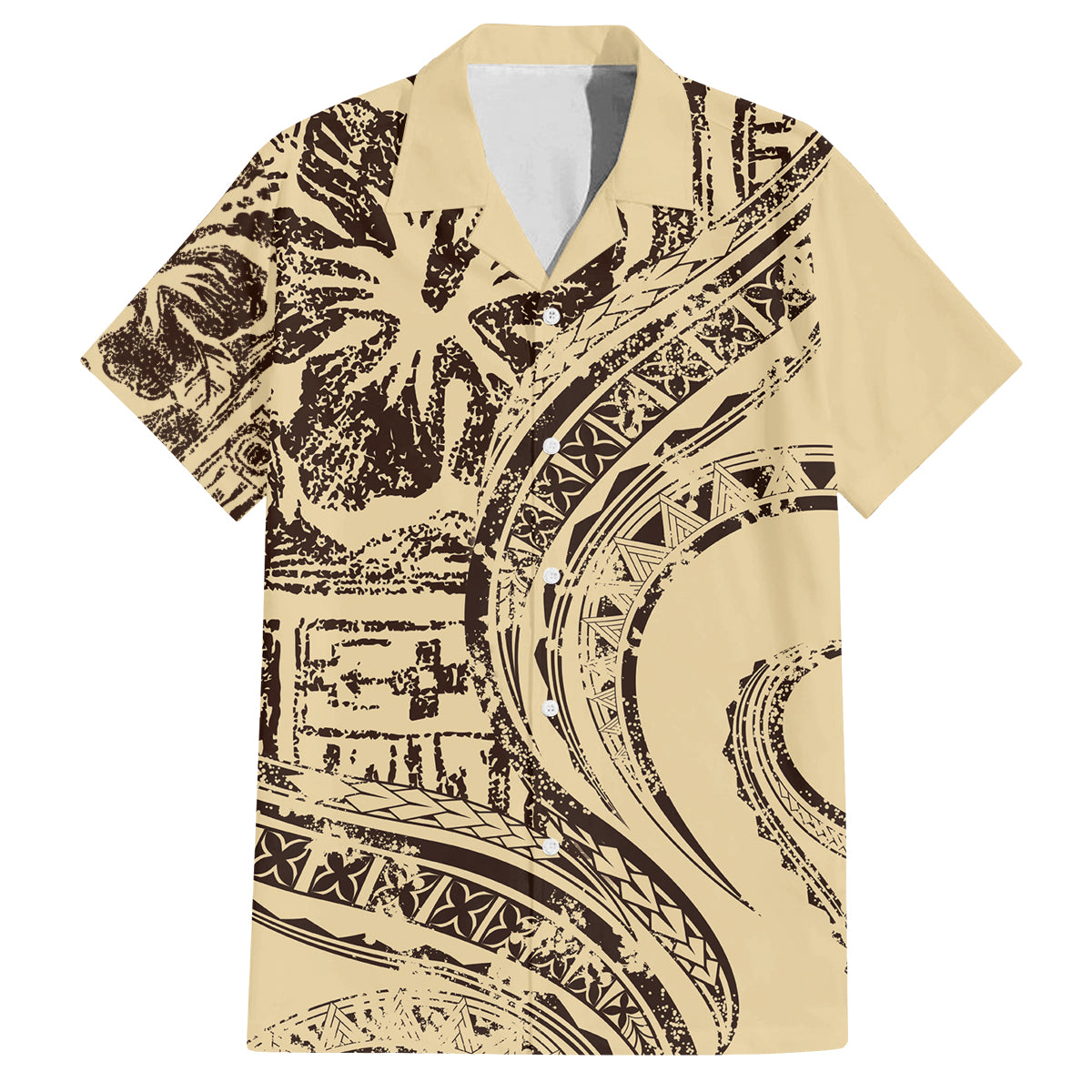 Hawaiian Hibiscus Tribal Vintage Motif Family Matching Off Shoulder Maxi Dress and Hawaiian Shirt Ver 3 LT9 Dad's Shirt - Short Sleeve Beige - Polynesian Pride
