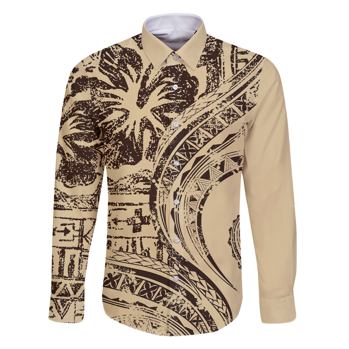 Hawaiian Hibiscus Tribal Vintage Motif Family Matching Off Shoulder Maxi Dress and Hawaiian Shirt Ver 3 LT9 Dad's Shirt - Long Sleeve Beige - Polynesian Pride