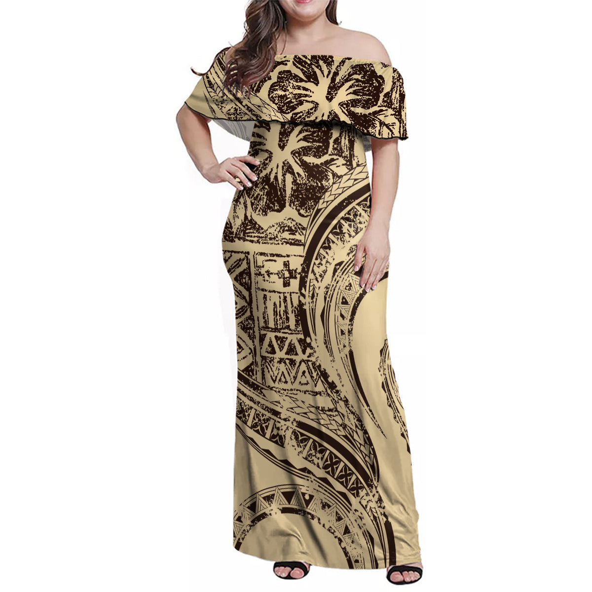 Hawaiian Hibiscus Tribal Vintage Motif Family Matching Off Shoulder Maxi Dress and Hawaiian Shirt Ver 3 LT9 Mom's Dress Beige - Polynesian Pride
