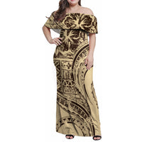 Hawaiian Hibiscus Tribal Vintage Motif Family Matching Off Shoulder Maxi Dress and Hawaiian Shirt Ver 3 LT9 Mom's Dress Beige - Polynesian Pride