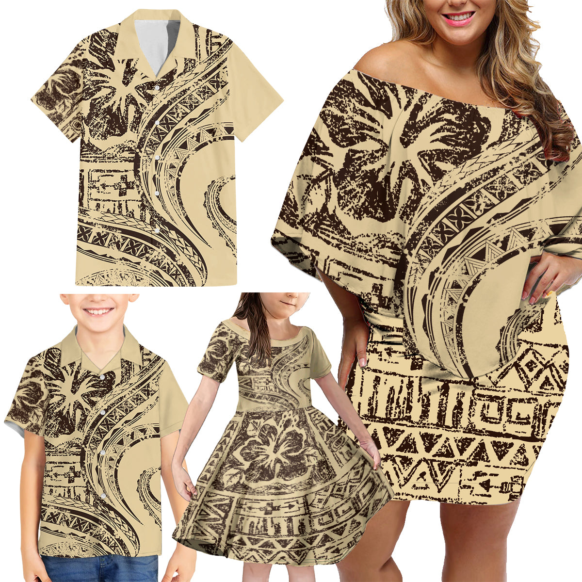 Hawaiian Hibiscus Tribal Vintage Motif Family Matching Off Shoulder Short Dress and Hawaiian Shirt Ver 3 LT9 - Polynesian Pride