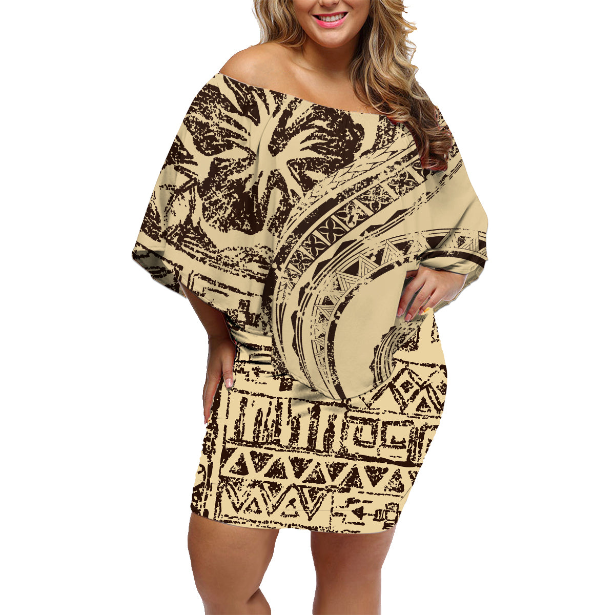 Hawaiian Hibiscus Tribal Vintage Motif Family Matching Off Shoulder Short Dress and Hawaiian Shirt Ver 3 LT9 Mom's Dress Beige - Polynesian Pride