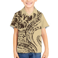 Hawaiian Hibiscus Tribal Vintage Motif Family Matching Off Shoulder Short Dress and Hawaiian Shirt Ver 3 LT9 Son's Shirt Beige - Polynesian Pride