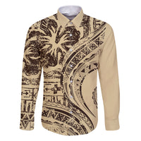 Hawaiian Hibiscus Tribal Vintage Motif Family Matching Puletasi and Hawaiian Shirt Ver 3 LT9 Dad's Shirt - Long Sleeve Beige - Polynesian Pride