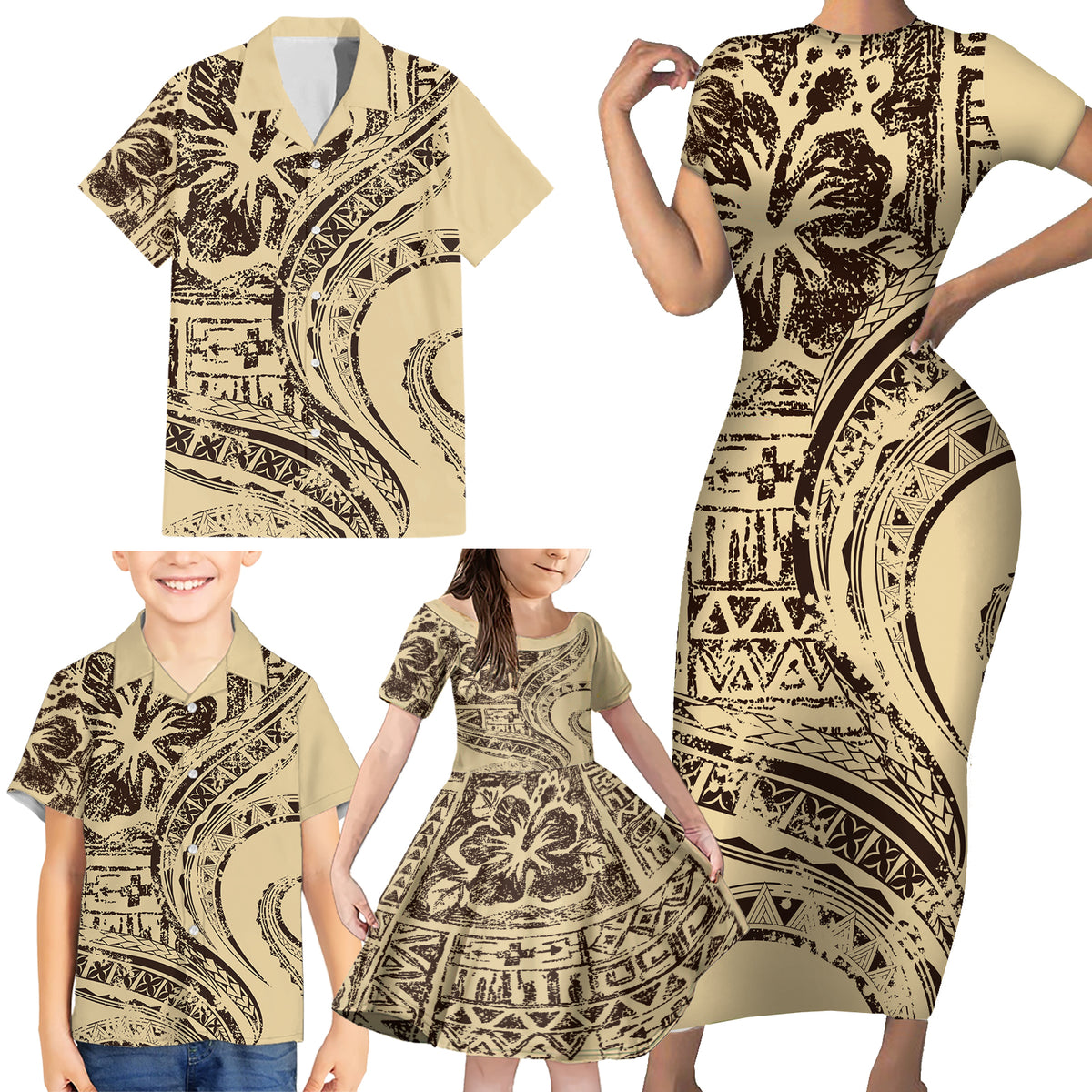 Hawaiian Hibiscus Tribal Vintage Motif Family Matching Short Sleeve Bodycon Dress and Hawaiian Shirt Ver 3 LT9 - Polynesian Pride