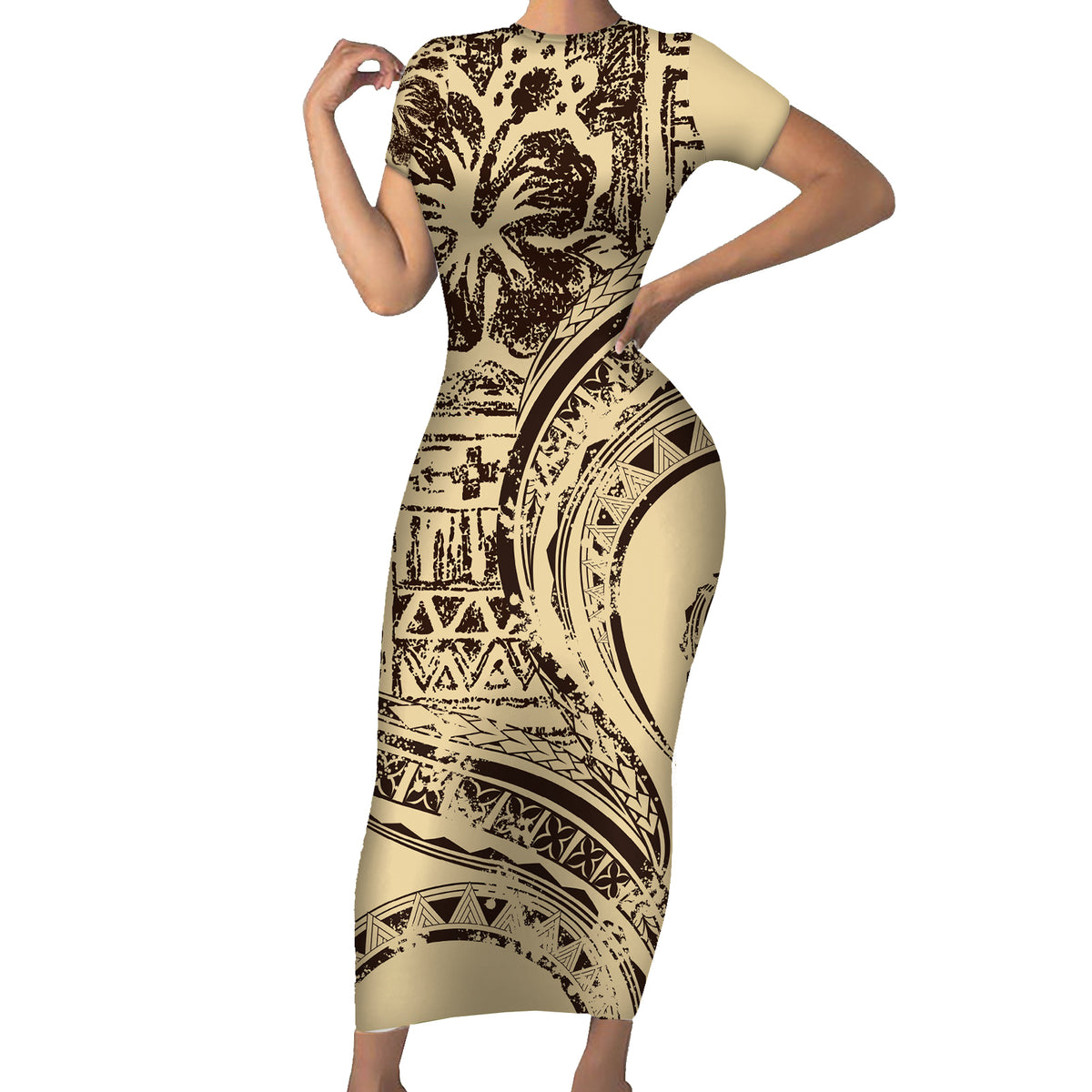 Hawaiian Hibiscus Tribal Vintage Motif Family Matching Short Sleeve Bodycon Dress and Hawaiian Shirt Ver 3 LT9 Mom's Dress Beige - Polynesian Pride
