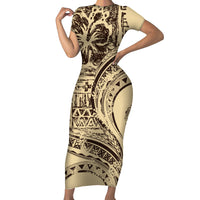Hawaiian Hibiscus Tribal Vintage Motif Family Matching Short Sleeve Bodycon Dress and Hawaiian Shirt Ver 3 LT9 Mom's Dress Beige - Polynesian Pride