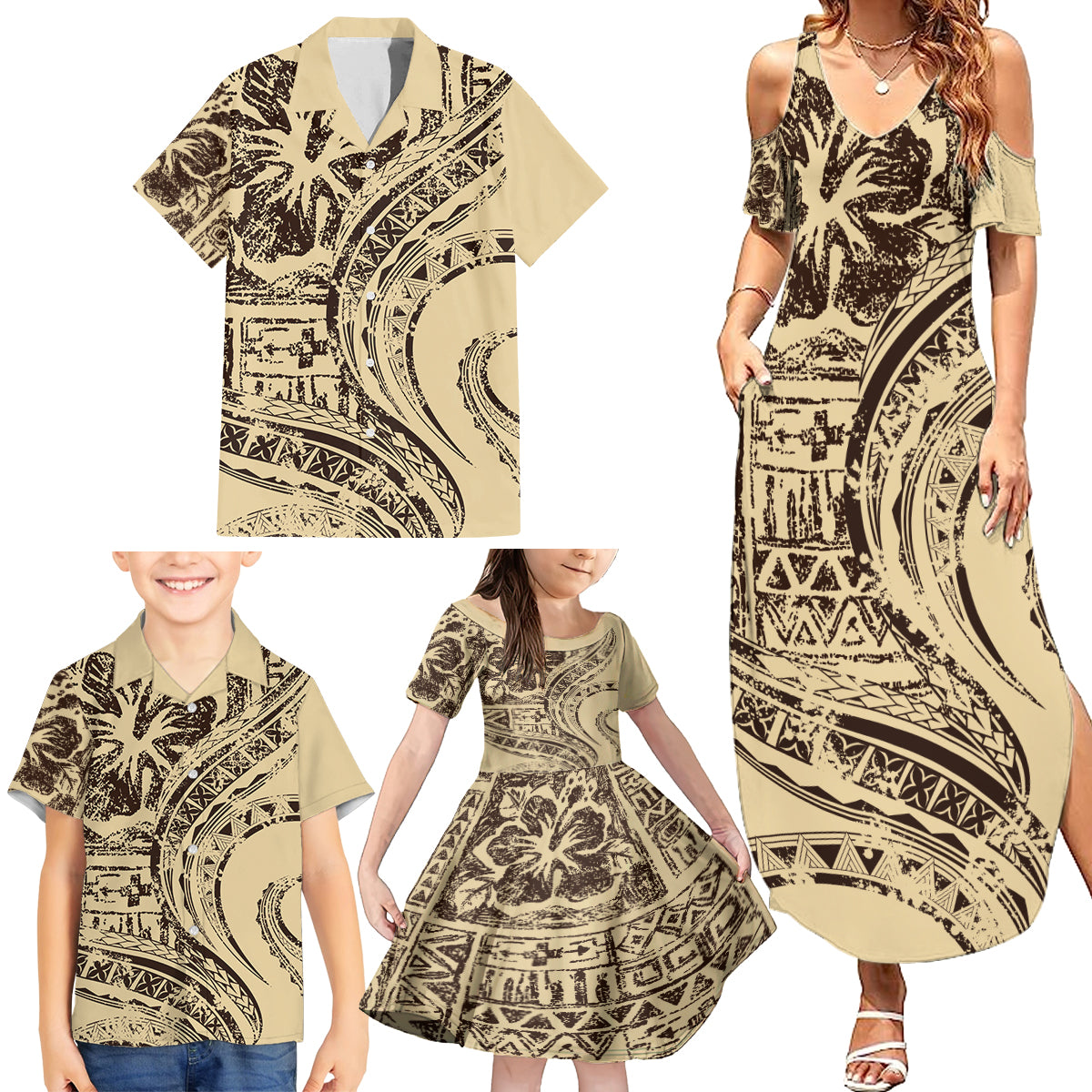 Hawaiian Hibiscus Tribal Vintage Motif Family Matching Summer Maxi Dress and Hawaiian Shirt Ver 3 LT9 - Polynesian Pride