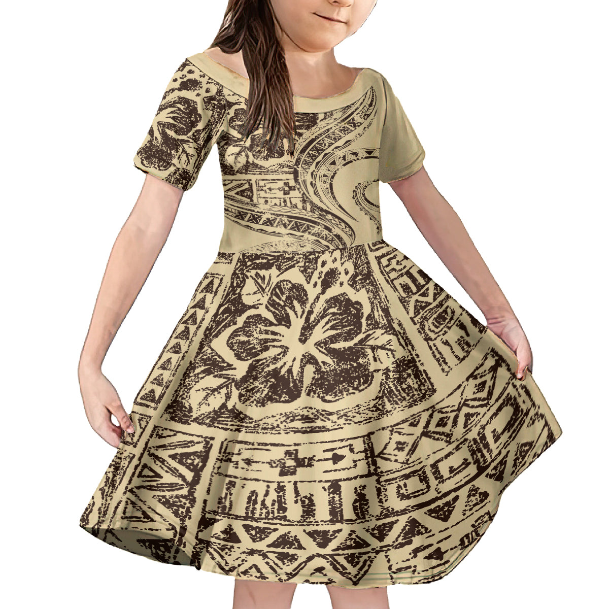 Hawaiian Hibiscus Tribal Vintage Motif Family Matching Tank Maxi Dress and Hawaiian Shirt Ver 3 LT9 Daughter's Dress Beige - Polynesian Pride