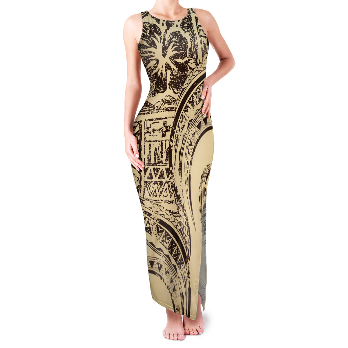 Hawaiian Hibiscus Tribal Vintage Motif Family Matching Tank Maxi Dress and Hawaiian Shirt Ver 3 LT9 Mom's Dress Beige - Polynesian Pride