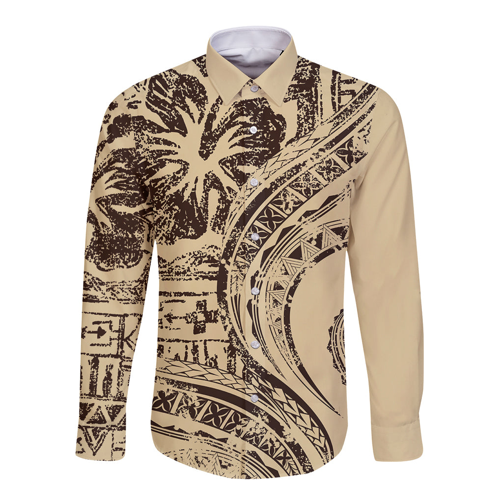 Hawaiian Hibiscus Tribal Vintage Motif Long Sleeve Button Shirt Ver 3 LT9 Unisex Beige - Polynesian Pride