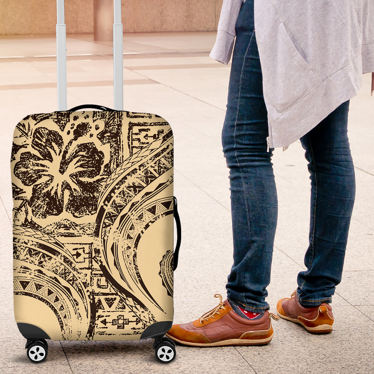 Hawaiian Hibiscus Tribal Vintage Motif Luggage Cover Ver 3 LT9 Beige - Polynesian Pride