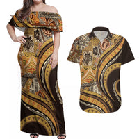 Hawaiian Hibiscus Tribal Vintage Motif Couples Matching Off Shoulder Maxi Dress and Hawaiian Shirt Ver 4 LT9 Gold - Polynesian Pride