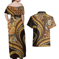 Hawaiian Hibiscus Tribal Vintage Motif Couples Matching Off Shoulder Maxi Dress and Hawaiian Shirt Ver 4 LT9 - Polynesian Pride