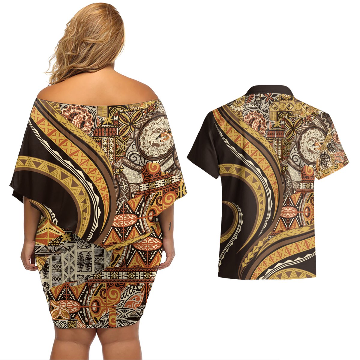 Hawaiian Hibiscus Tribal Vintage Motif Couples Matching Off Shoulder Short Dress and Hawaiian Shirt Ver 4 LT9 - Polynesian Pride