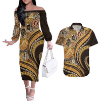 Hawaiian Hibiscus Tribal Vintage Motif Couples Matching Off The Shoulder Long Sleeve Dress and Hawaiian Shirt Ver 4 LT9 Gold - Polynesian Pride