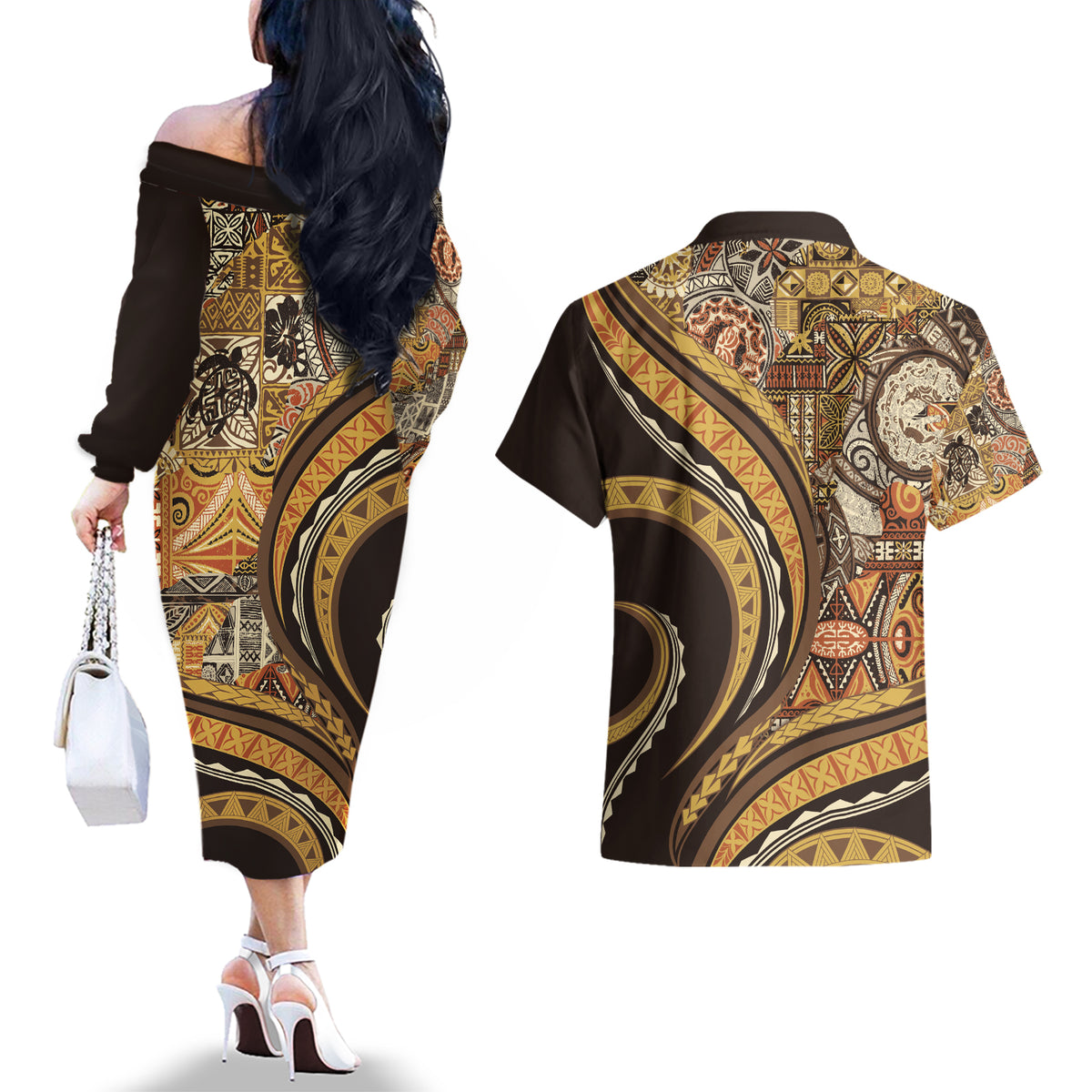 Hawaiian Hibiscus Tribal Vintage Motif Couples Matching Off The Shoulder Long Sleeve Dress and Hawaiian Shirt Ver 4 LT9 - Polynesian Pride