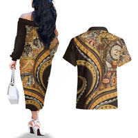 Hawaiian Hibiscus Tribal Vintage Motif Couples Matching Off The Shoulder Long Sleeve Dress and Hawaiian Shirt Ver 4 LT9 - Polynesian Pride