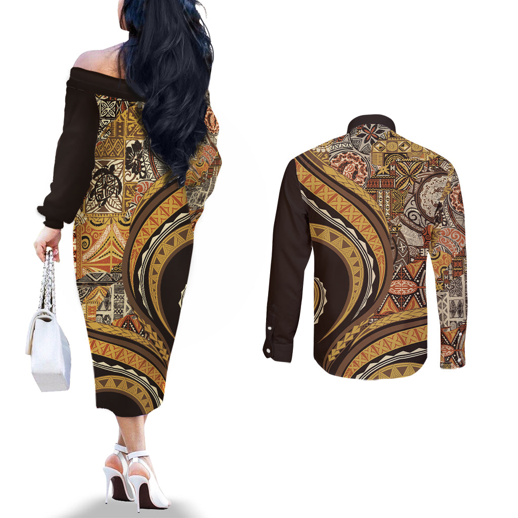 Hawaiian Hibiscus Tribal Vintage Motif Couples Matching Off The Shoulder Long Sleeve Dress and Long Sleeve Button Shirt Ver 4 LT9 - Polynesian Pride