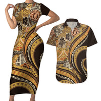 Hawaiian Hibiscus Tribal Vintage Motif Couples Matching Short Sleeve Bodycon Dress and Hawaiian Shirt Ver 4 LT9 Gold - Polynesian Pride