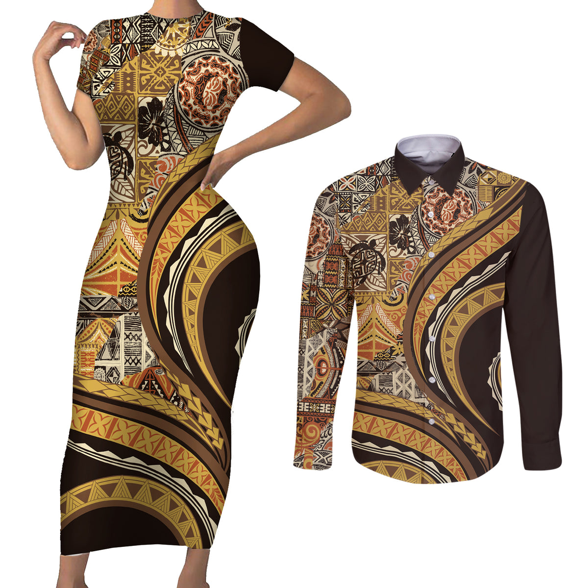 Hawaiian Hibiscus Tribal Vintage Motif Couples Matching Short Sleeve Bodycon Dress and Long Sleeve Button Shirt Ver 4 LT9 Gold - Polynesian Pride
