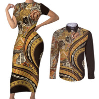 Hawaiian Hibiscus Tribal Vintage Motif Couples Matching Short Sleeve Bodycon Dress and Long Sleeve Button Shirt Ver 4 LT9 Gold - Polynesian Pride
