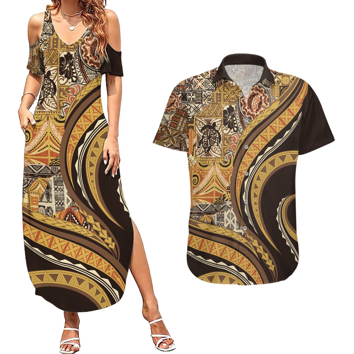 Hawaiian Hibiscus Tribal Vintage Motif Couples Matching Summer Maxi Dress and Hawaiian Shirt Ver 4 LT9 Gold - Polynesian Pride