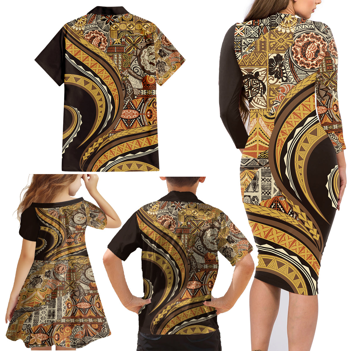 Hawaiian Hibiscus Tribal Vintage Motif Family Matching Long Sleeve Bodycon Dress and Hawaiian Shirt Ver 4 LT9 - Polynesian Pride