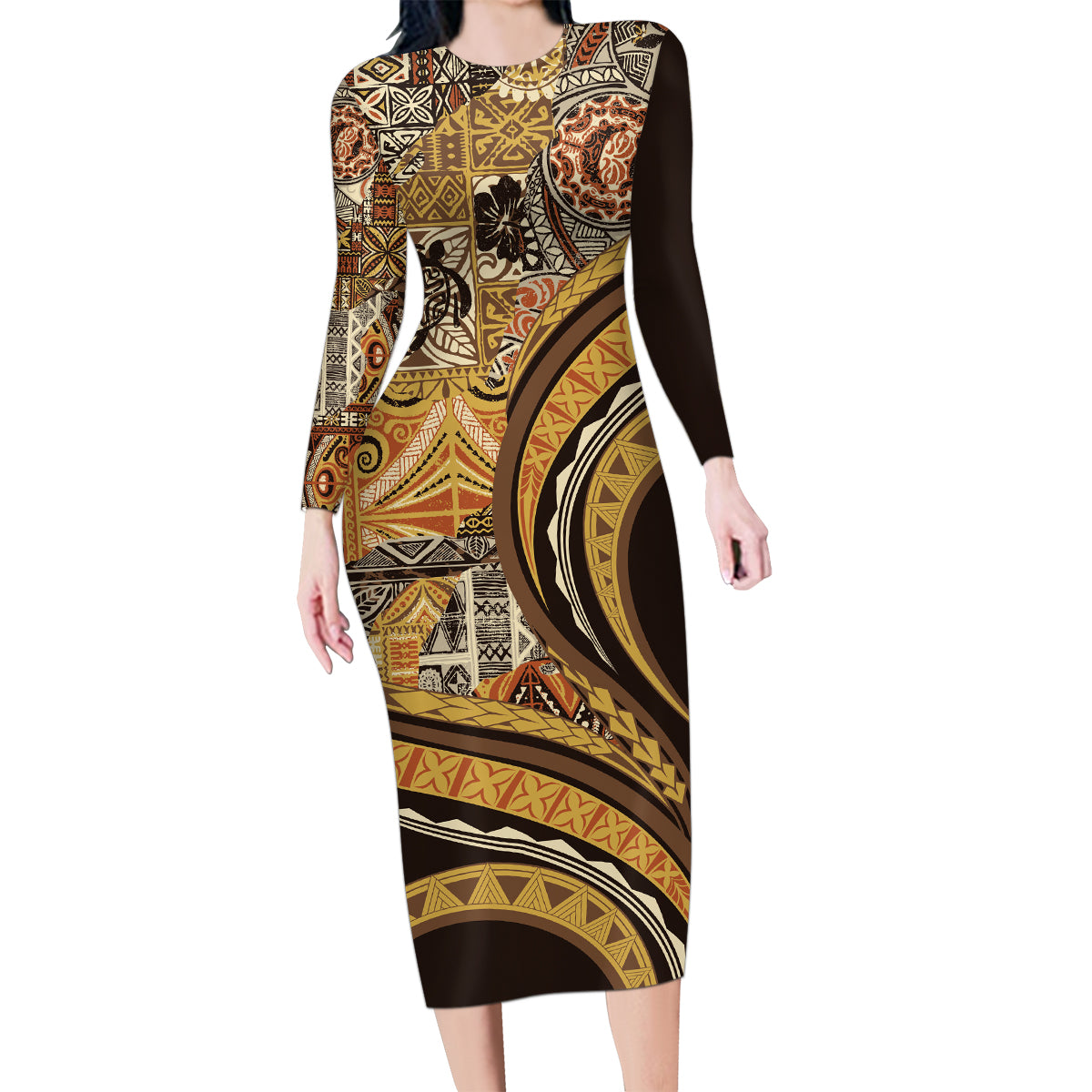 Hawaiian Hibiscus Tribal Vintage Motif Family Matching Long Sleeve Bodycon Dress and Hawaiian Shirt Ver 4 LT9 Mom's Dress Gold - Polynesian Pride
