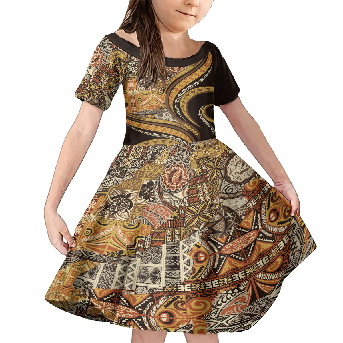 Hawaiian Hibiscus Tribal Vintage Motif Family Matching Mermaid Dress and Hawaiian Shirt Ver 4 LT9 Daughter's Dress Gold - Polynesian Pride
