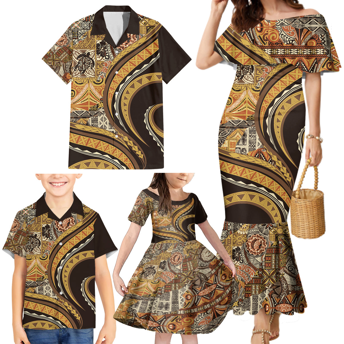 Hawaiian Hibiscus Tribal Vintage Motif Family Matching Mermaid Dress and Hawaiian Shirt Ver 4 LT9 - Polynesian Pride
