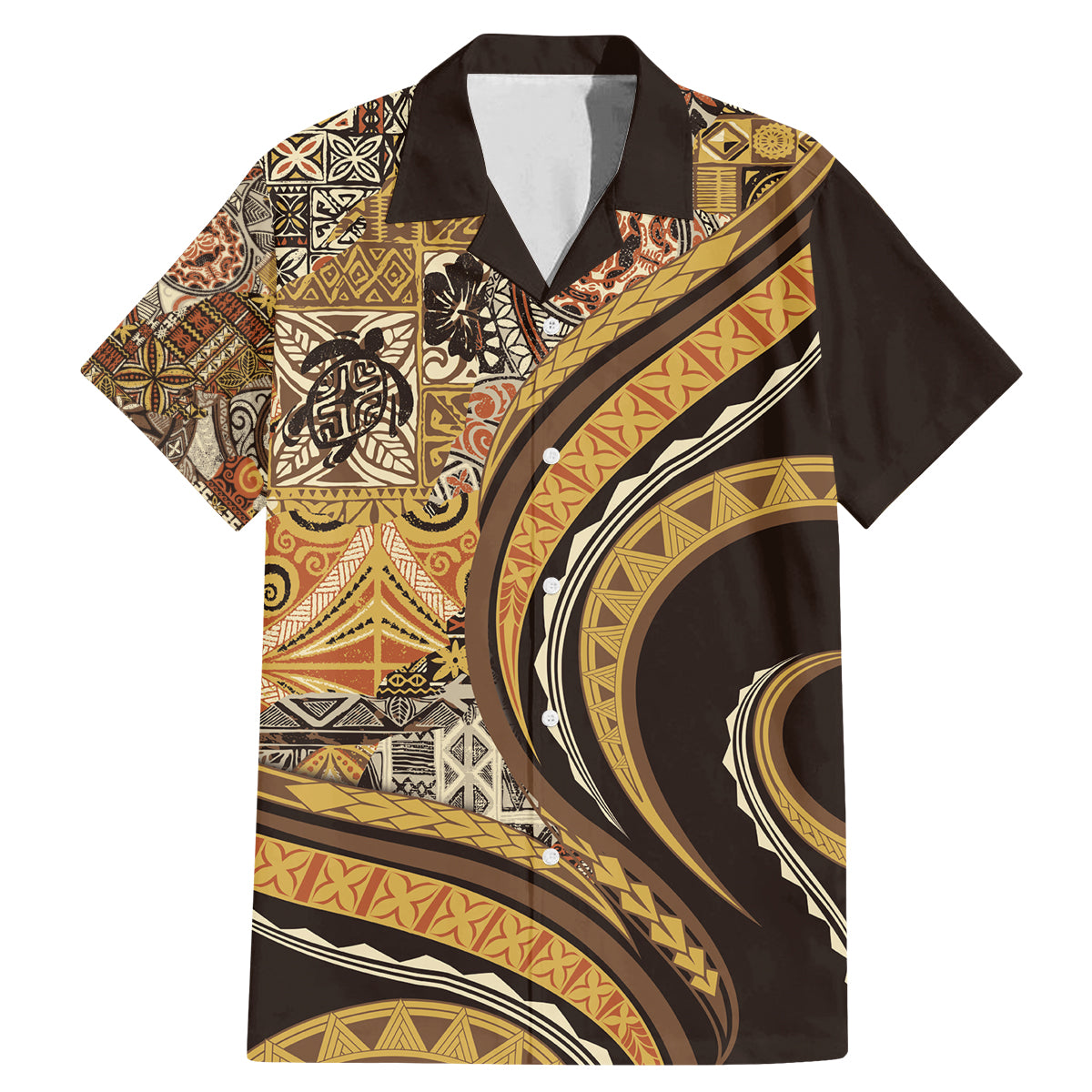 Hawaiian Hibiscus Tribal Vintage Motif Family Matching Mermaid Dress and Hawaiian Shirt Ver 4 LT9 Dad's Shirt - Short Sleeve Gold - Polynesian Pride