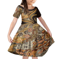 Hawaiian Hibiscus Tribal Vintage Motif Family Matching Off The Shoulder Long Sleeve Dress and Hawaiian Shirt Ver 4 LT9 Daughter's Dress Gold - Polynesian Pride