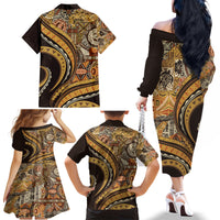 Hawaiian Hibiscus Tribal Vintage Motif Family Matching Off The Shoulder Long Sleeve Dress and Hawaiian Shirt Ver 4 LT9 - Polynesian Pride