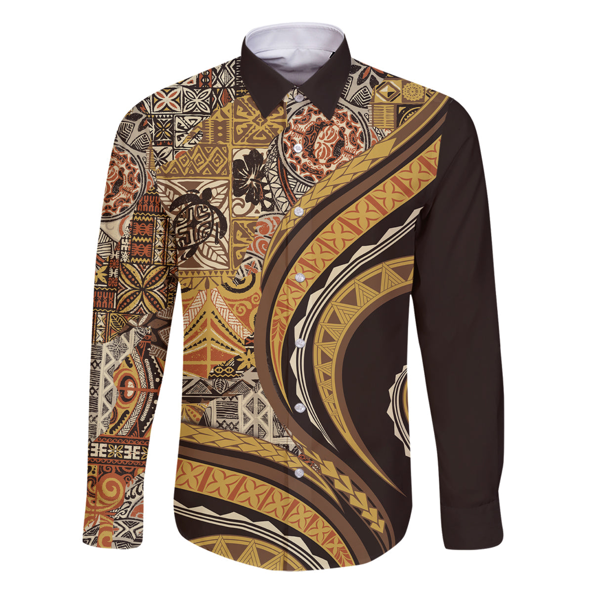 Hawaiian Hibiscus Tribal Vintage Motif Family Matching Off Shoulder Maxi Dress and Hawaiian Shirt Ver 4 LT9 Dad's Shirt - Long Sleeve Gold - Polynesian Pride