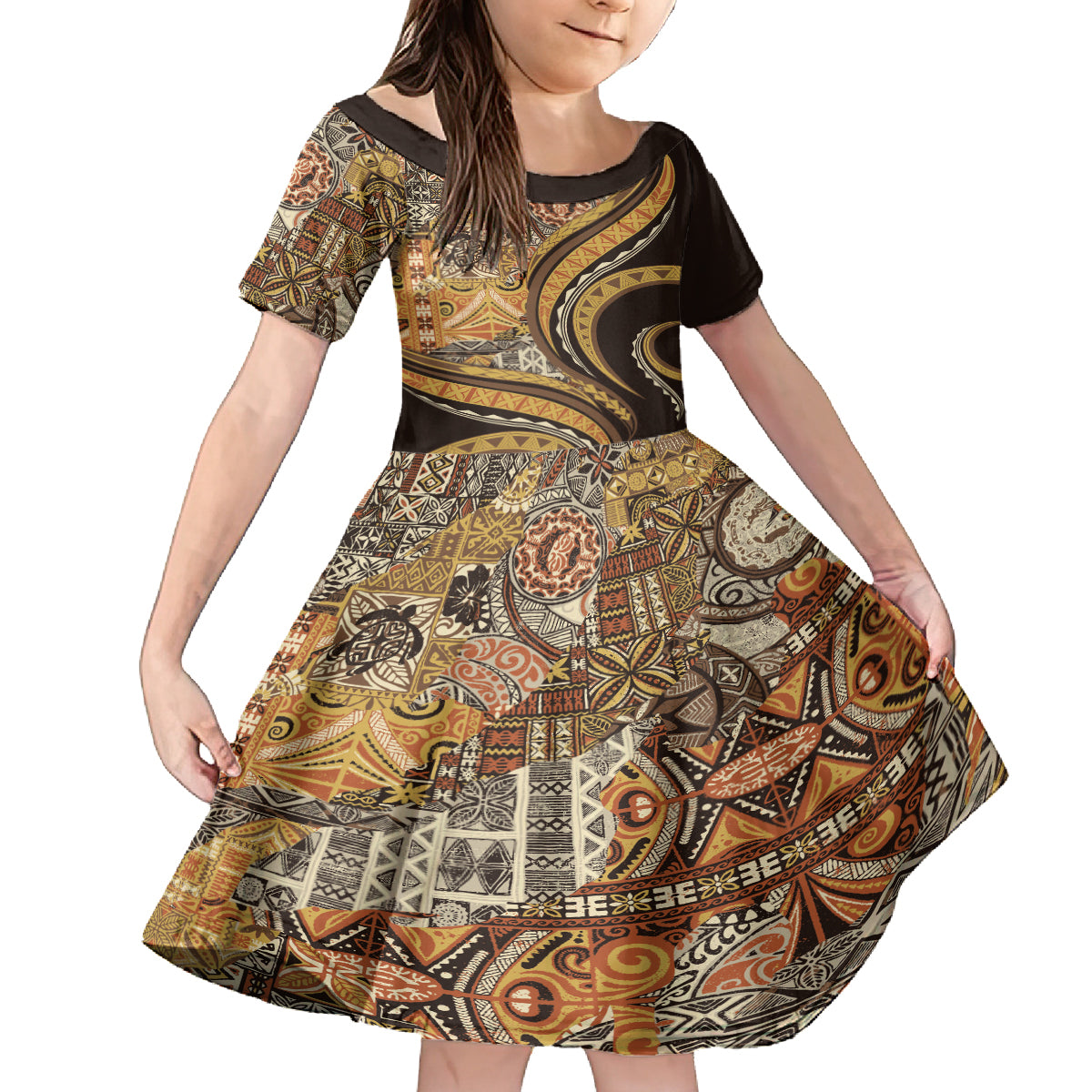 Hawaiian Hibiscus Tribal Vintage Motif Family Matching Off Shoulder Short Dress and Hawaiian Shirt Ver 4 LT9 Daughter's Dress Gold - Polynesian Pride