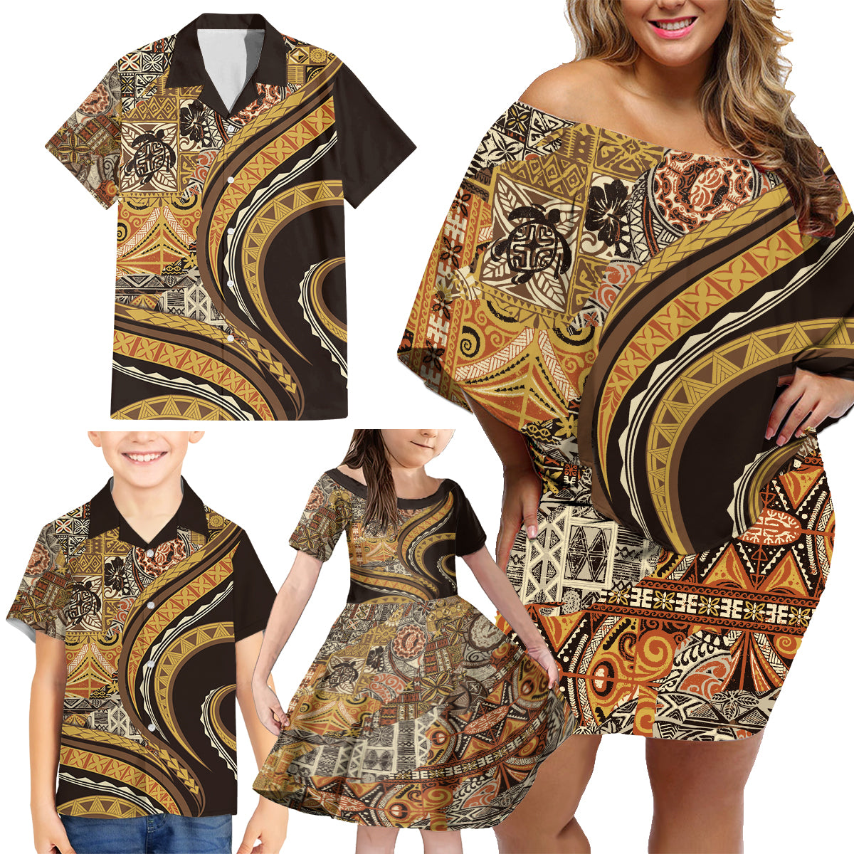 Hawaiian Hibiscus Tribal Vintage Motif Family Matching Off Shoulder Short Dress and Hawaiian Shirt Ver 4 LT9 - Polynesian Pride
