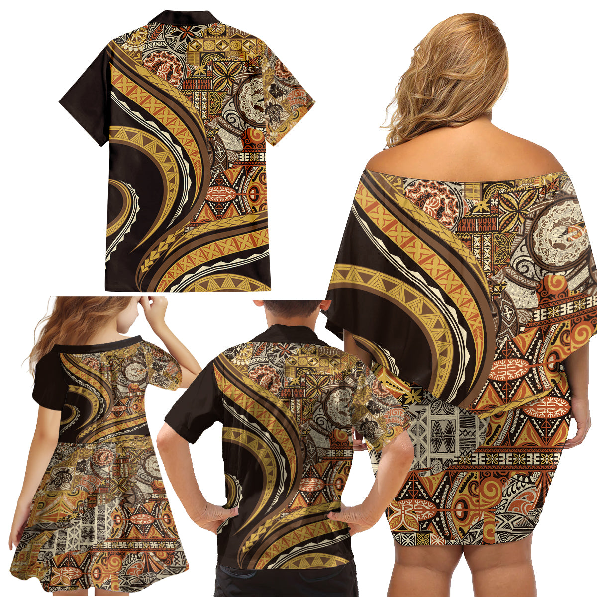 Hawaiian Hibiscus Tribal Vintage Motif Family Matching Off Shoulder Short Dress and Hawaiian Shirt Ver 4 LT9 - Polynesian Pride