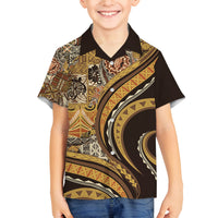 Hawaiian Hibiscus Tribal Vintage Motif Family Matching Off Shoulder Short Dress and Hawaiian Shirt Ver 4 LT9 Son's Shirt Gold - Polynesian Pride