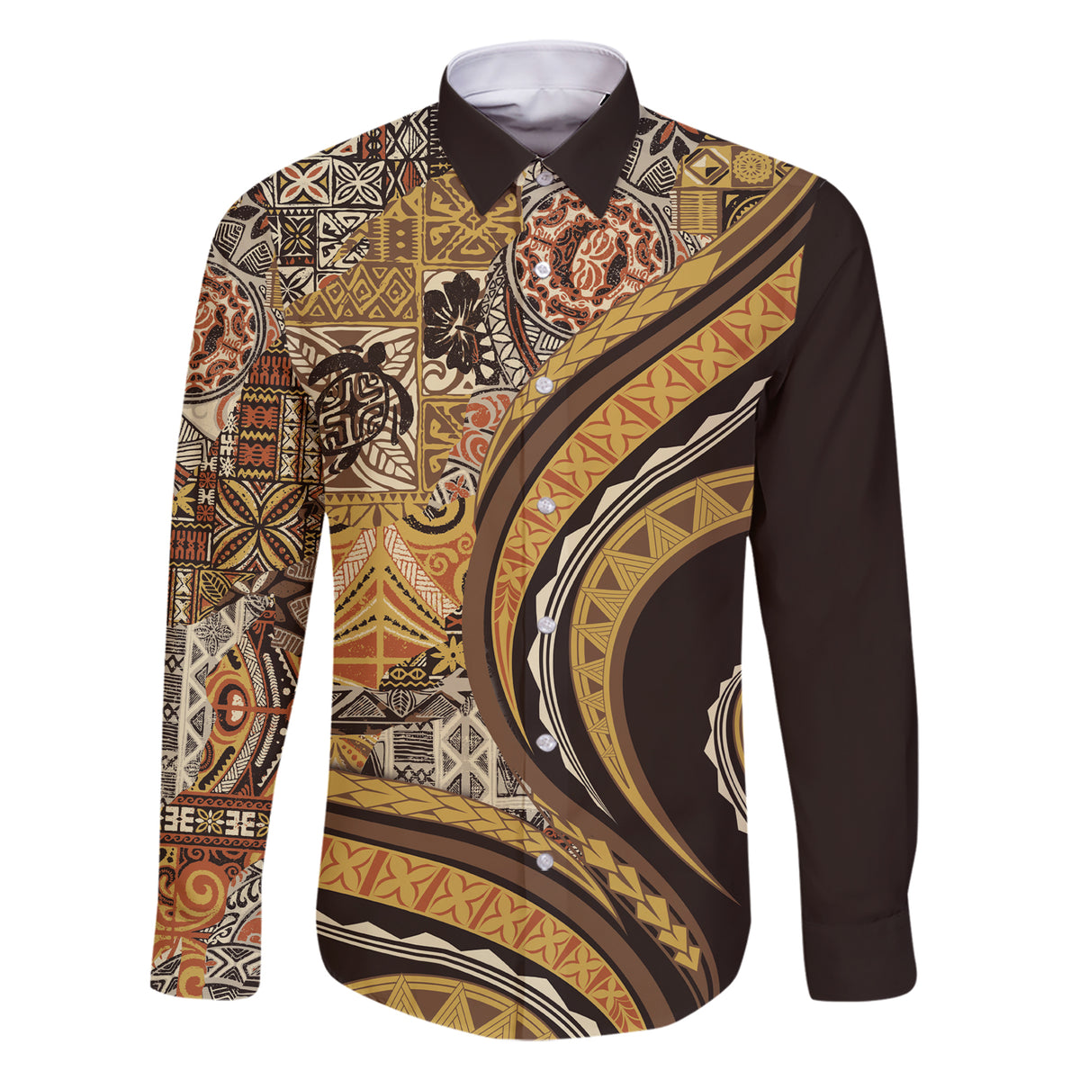 Hawaiian Hibiscus Tribal Vintage Motif Family Matching Short Sleeve Bodycon Dress and Hawaiian Shirt Ver 4 LT9 Dad's Shirt - Long Sleeve Gold - Polynesian Pride