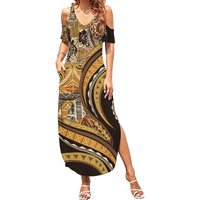 Hawaiian Hibiscus Tribal Vintage Motif Family Matching Summer Maxi Dress and Hawaiian Shirt Ver 4 LT9 Mom's Dress Gold - Polynesian Pride