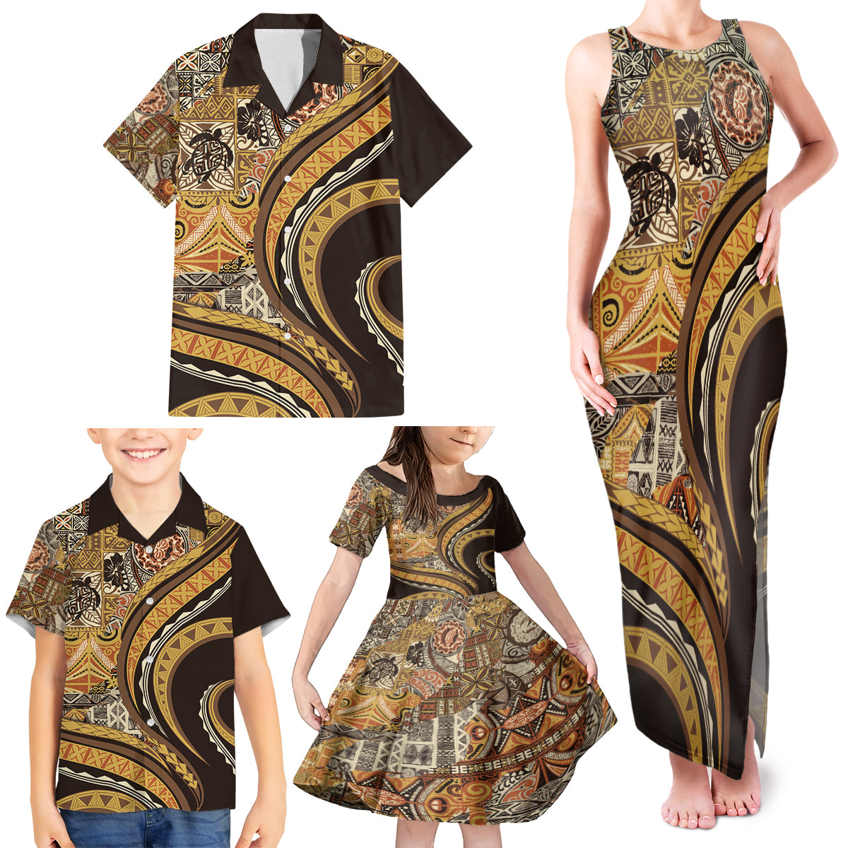 Hawaiian Hibiscus Tribal Vintage Motif Family Matching Tank Maxi Dress and Hawaiian Shirt Ver 4 LT9 - Polynesian Pride