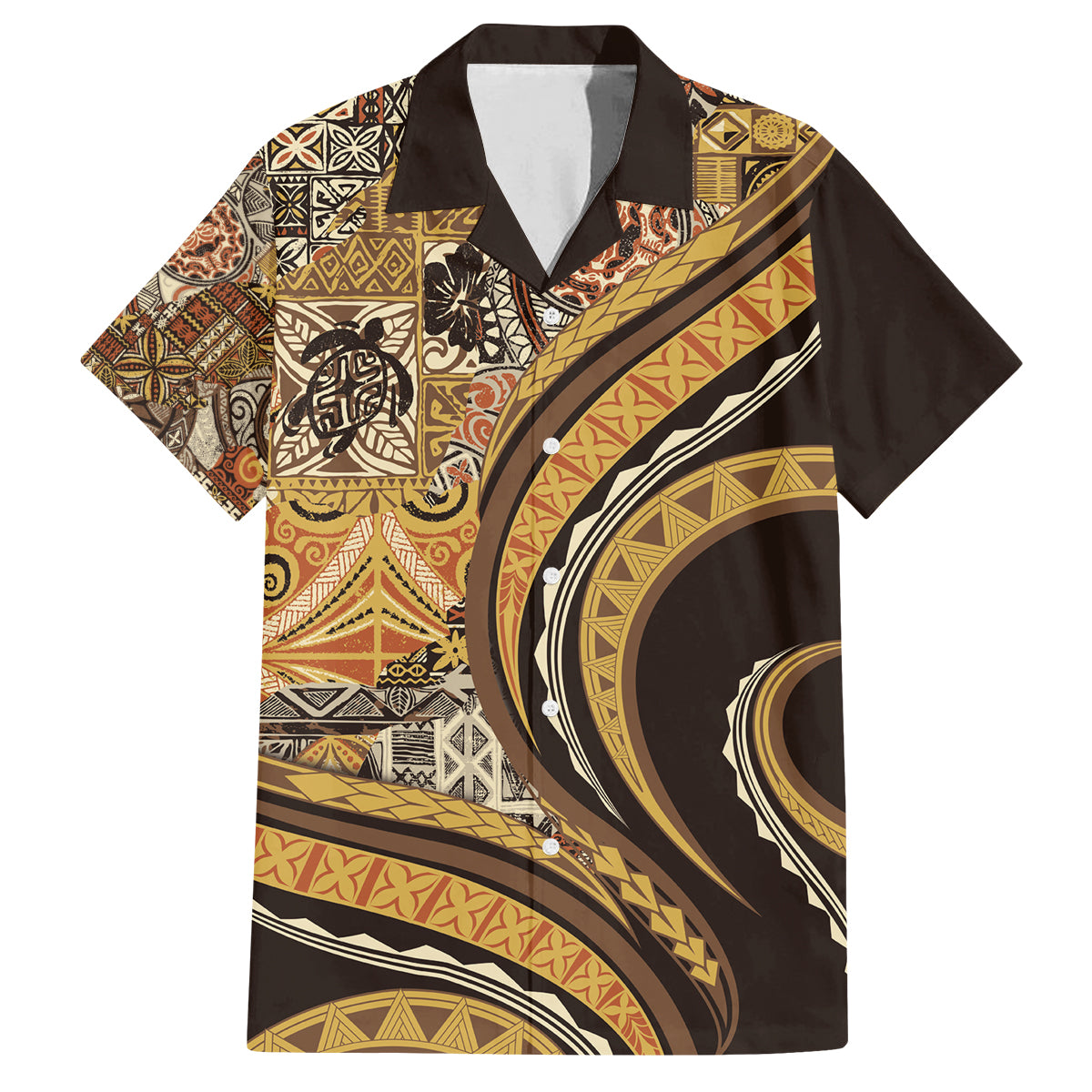 Hawaiian Hibiscus Tribal Vintage Motif Family Matching Tank Maxi Dress and Hawaiian Shirt Ver 4 LT9 Dad's Shirt - Short Sleeve Gold - Polynesian Pride