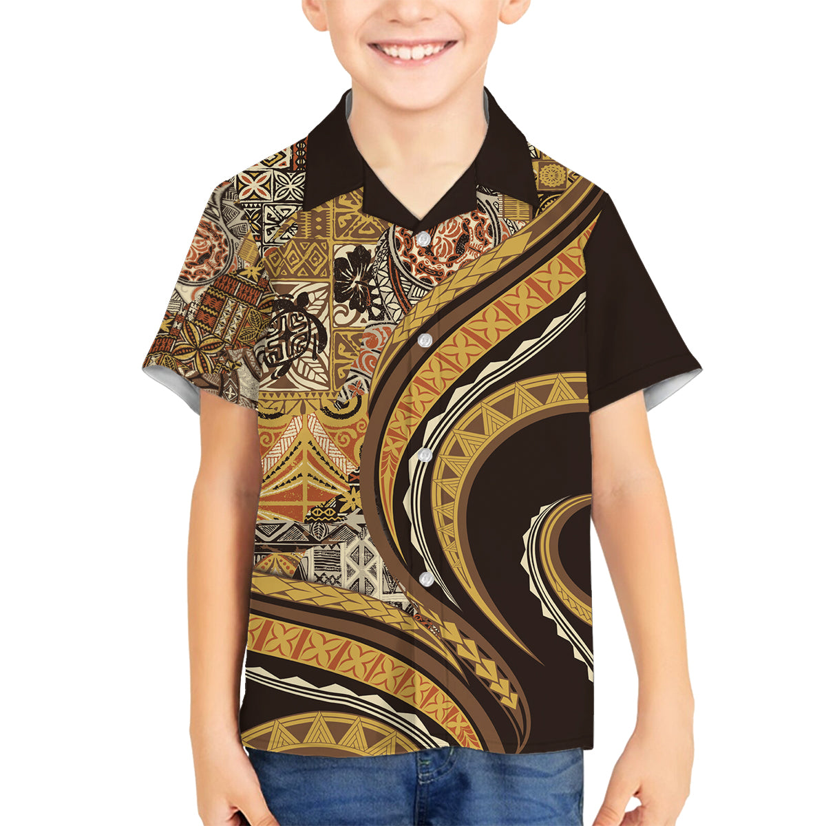Hawaiian Hibiscus Tribal Vintage Motif Family Matching Tank Maxi Dress and Hawaiian Shirt Ver 4 LT9 Son's Shirt Gold - Polynesian Pride