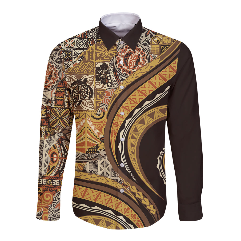 Hawaiian Hibiscus Tribal Vintage Motif Long Sleeve Button Shirt Ver 4 LT9 Unisex Gold - Polynesian Pride